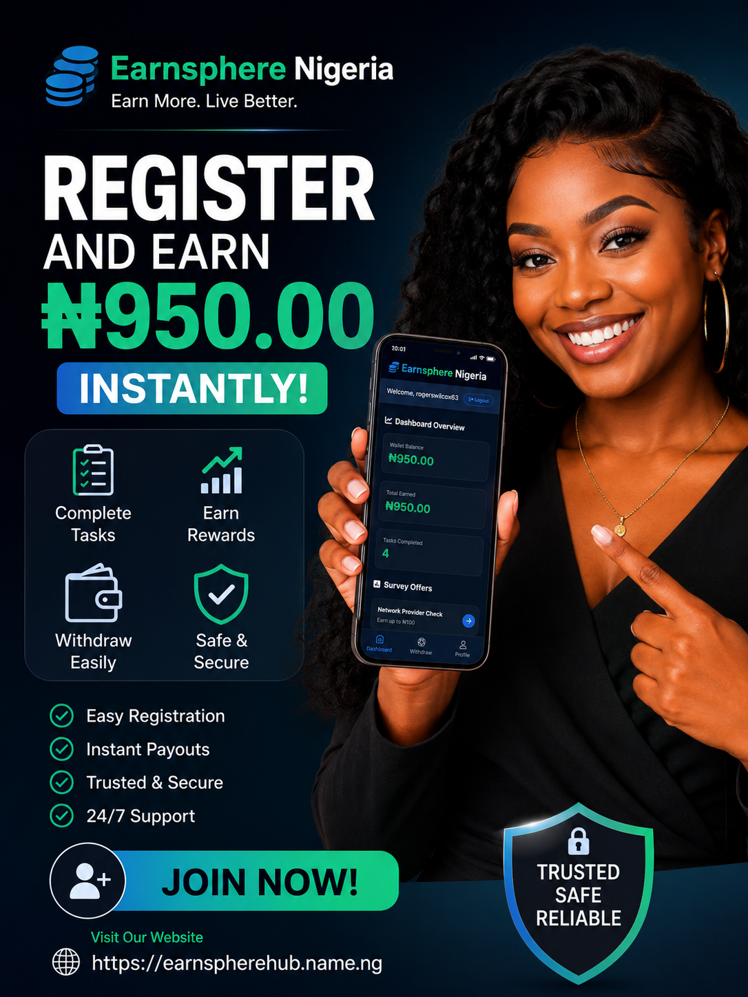 EarnSphere Nigeria dashboard preview – Register and start earning